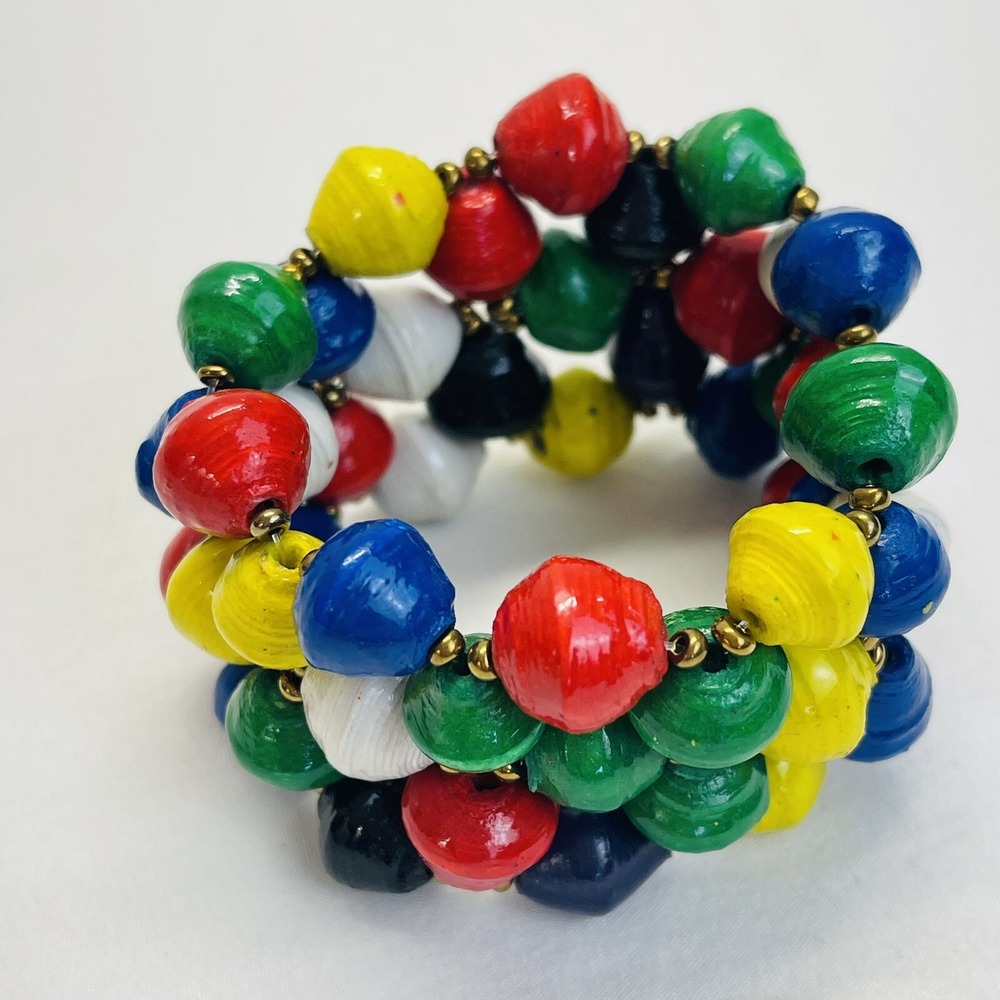 Vintage Paper Bead Bracelet 80s Retro Primary Colors Colorful Chunky Stretch